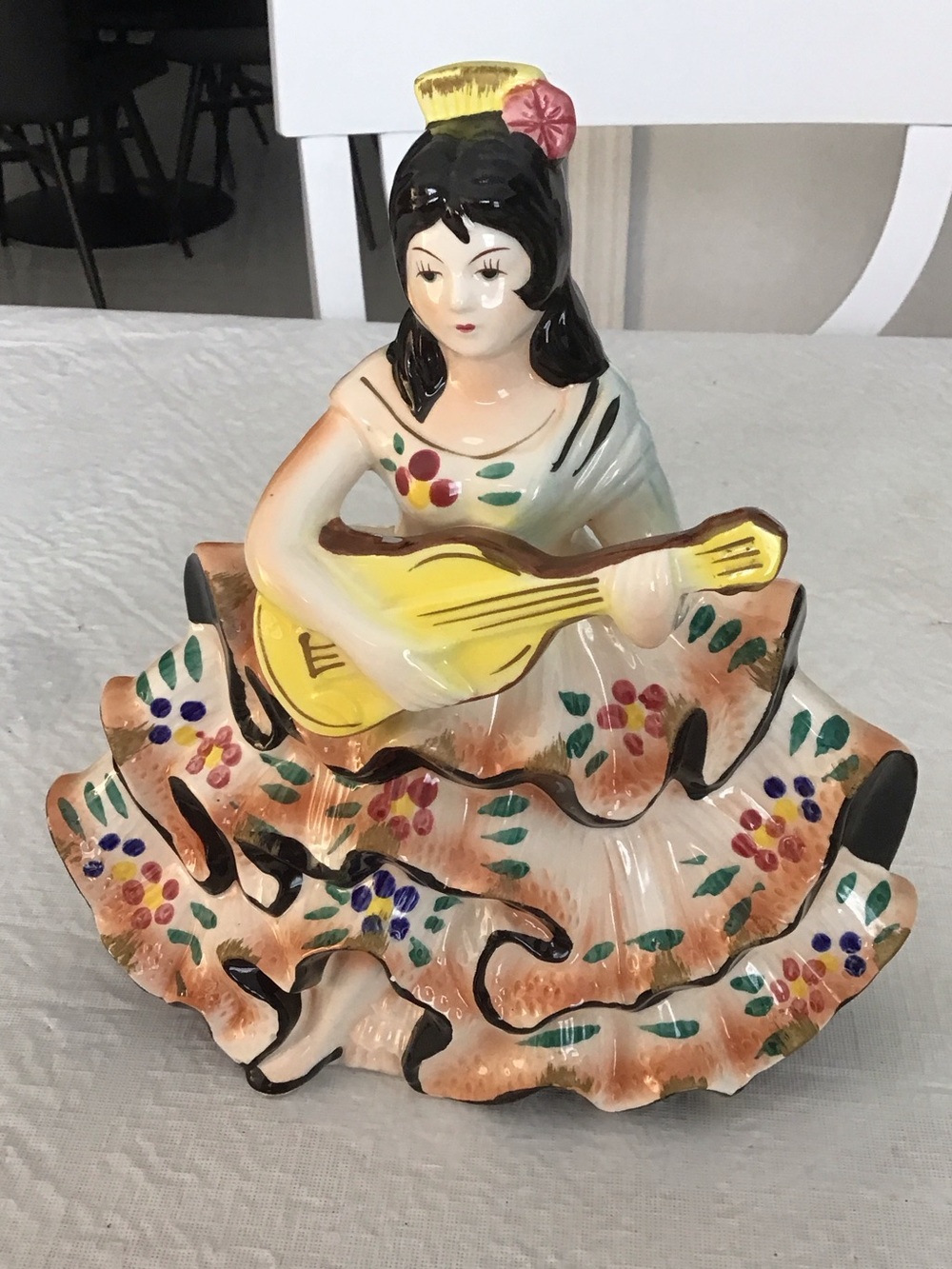 Hand-Painted Porcelain Flamenco Dancer Figurine in Yellow and Cream
